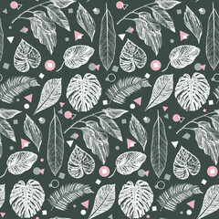 Tropical forest palm leaves vector seamless pattern