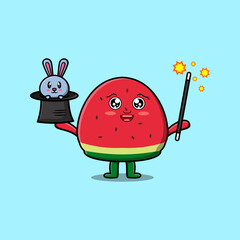 cute cartoon Watermelon magician character with bunny character coming out from magic hat