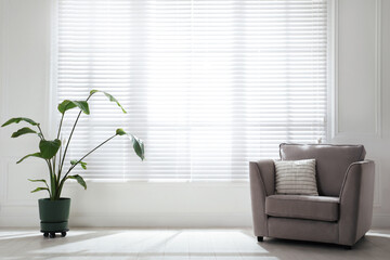 Wall Mural - Soft armchair and houseplant near large window with blinds in spacious room. Interior design