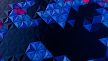 Illuminated, Blue And Pink Geometric Surface With Triangular Pyramids. Modern, Colorful 3d Wallpaper.