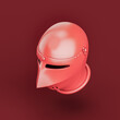 Monochrome red soldier helmet. Single color medieval warrior helmet. 3d rendering. Isometric view projection.