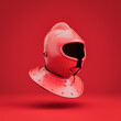 Single color red helmet. Crimson warrior helm. Historical face mask. 3d rendering. Side view projection.