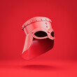 Single color red helmet. Crimson warrior helm. Historical face mask. 3d rendering. Side view projection.