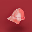 Monochrome red soldier helmet. Single color medieval warrior helmet. 3d rendering. Isometric view projection.
