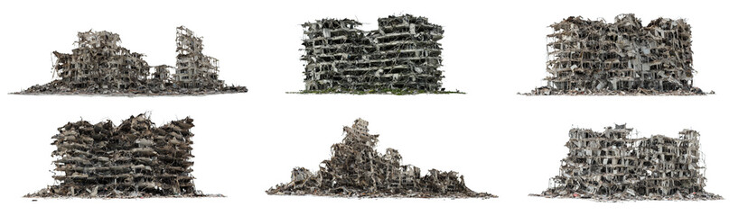 Wall Mural - set of ruined buildings, post-apocalyptic civilization, isolated on white background