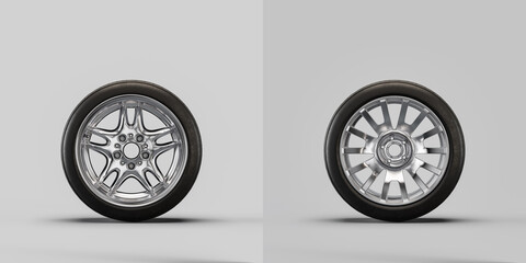 Wall Mural - Car wheels on white background. Isolated car tires with shiny rim from front view. 3d rendering