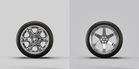 Wall Mural - Car wheels on white background. Isolated car tires with shiny rim from front view. 3d rendering