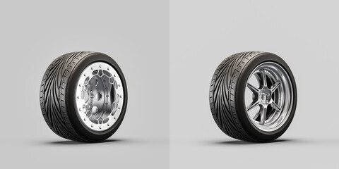 Wall Mural - Car wheels on white background. Isolated car tires with shiny rim. Side view, 3d rendering