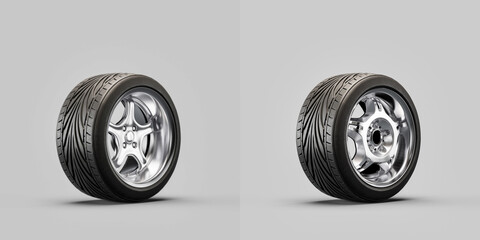 Wall Mural - Car wheels on white background. Isolated car tires with shiny rim. Side view, 3d rendering