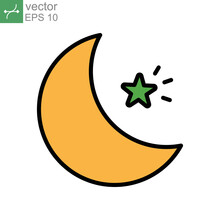 Crescent Moon And Star For Islamic Religion Symbol. Muslim Mosque. Ramadan Kareem, Eid Al Fitr Mubarak.Moon And Star, Islam, Muslim, Ramadan Icon. Vector Illustration.Design On White Background. EPS10