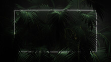 Tropical Leaves Illuminated With White Fluorescent Light. Jungle Environment With Rectangle Shaped Neon Frame.