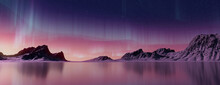 Snow Covered Landscape With Aurora Borealis. Blue Sky Banner With Copy-space.
