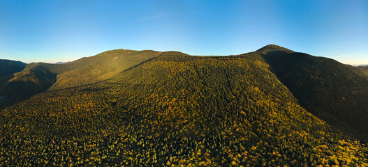 Sticker - Aerial view of high hills with dark pine forest trees at autumn bright day. Amazing scenery of wild mountain woodland