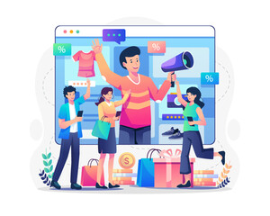 Wall Mural - Refer a friend or Promote an online store concept. A man comes out from a web page and shouts on a megaphone to attract buyers or customers. Marketing and promotion. Vector illustration