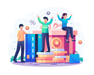 Wall Mural - Online reward concept. Happy people get online rewards, gifts, discounts, and bonus points from the Loyalty marketing program. Vector illustration in flat style