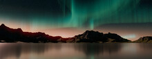 Beautiful Sky With Aurora And Stars. Green Northern Lights Banner With Copy-space.