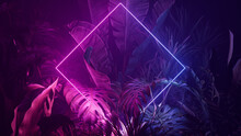 Blue And Pink Neon Light With Tropical Plants. Diamond Shaped Fluorescent Frame In Nature Environment.
