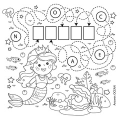 Wall Mural - Maze or Labyrinth Game. Puzzle. Coloring Page Outline Of cartoon beautiful little mermaid. Marine princess. Underwater world. Coloring book for kids.