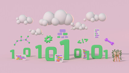 Programming and coding concept with binary symbols 3D Render