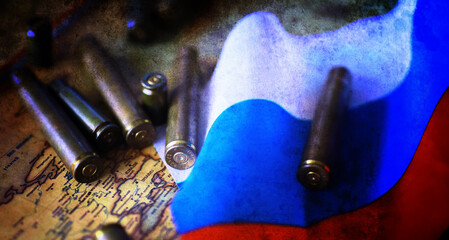 Wall Mural - Abstract background concept Russian army. Russian flag and bullet casings on the table.