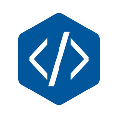 Code emblem, blue hexagon, white angle brackets, HTML icon.