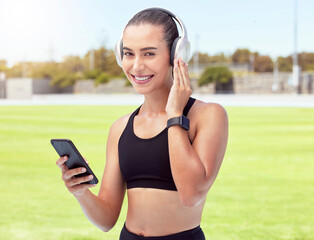 Poster - Woman fitness runner listening to music, 5g phone for motivation, wellness or training outdoor sport or event. Girl sports athlete workout, running and podcast or radio exercise for cardio at stadium