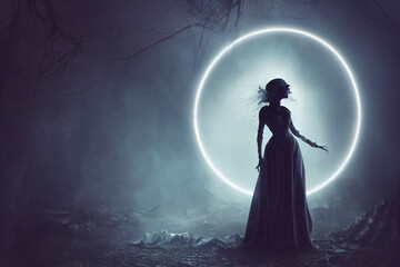 A dark ghostly figure moving through a mist in the moonlight. Spooky concept.Digital art