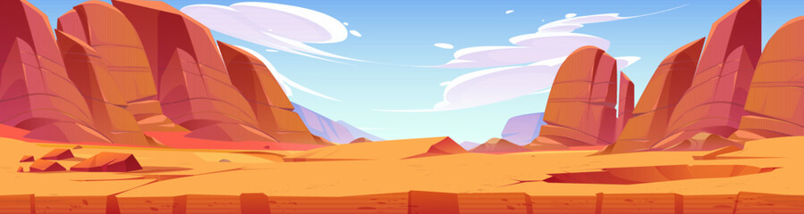 Wall Mural - Desert landscape, Arizona or Africa nature with dry ground cross section view and mountains. Cartoon panoramic background, game location with rocks under blue sky with clouds, Vector illustration