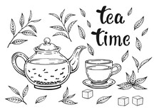 Tea Set Isolated On White Background. Leaves, Teapot And Cup. Hand Drawn Vector Illustration In Outline Style.