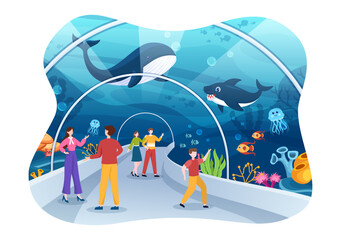 Wall Mural - Aquarium Template Hand Drawn Cartoon Flat Illustration with Family and Kids Looking at Underwater Fish, Sea Animals Variety, Marine Flora and Fauna