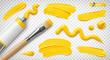 Vector Realistic Illustration Of A Yellow Paint Tube, Paintbrush And Brush Strokes On A Transparent Background.