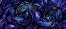 Abstract Pansy Flowers, Vibrant Saturated Midnight Blue And Violet Purple With Rich Golden Yellow Pastel Color Swirls And Layered Spirals. Trendy Modern Art Illustration Background Decoration Design.