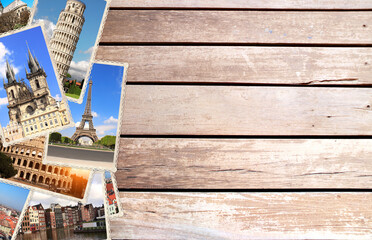 Sticker - Vintage travel background with retro photos of european landmarks on old wooden boards of light brown color