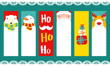 Set Of Vertical Christmas Banner, Background, Flyer, Placard. Xmas Poster And Sticker. Vector Template Card For Greeting, Decoration, Congratulation, Invitation With Cute Animal And Santa Claus