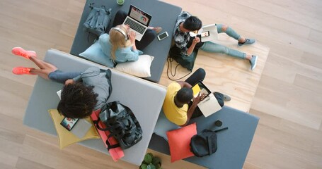 University, education and study with students studying for an exam or test in a campus break room. College, scholarship and development with a young people using wireless technology to do research