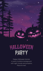 Wall Mural - Happy halloween banner or party invitation background with violet fog clouds and pumpkins