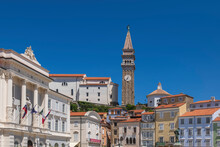 Slovenia, Piran, Bell Tower Of Saint George Church And Surrounding Houses