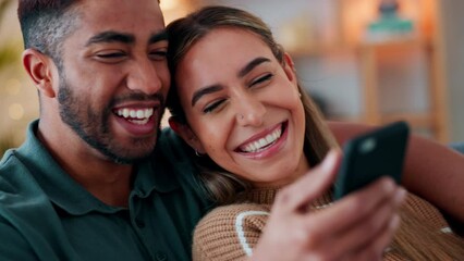 Sticker - Couple phone, social media meme and kiss on forehead for love, streaming comic video on the internet and funny conversation on couch in home. Man and woman happy reading notification with affection