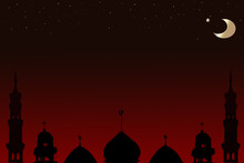 Mosques Dome Crescent Moon And Star On Red Black Background,New Year Muharram Asia Religious Muslim,Ramadan Kareem, Eid Ai-fitr,New Year Muharram,Islamic Arabic Holy ,Mubarak God Symbols,Free Space.