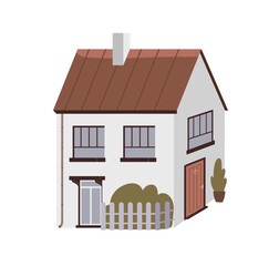 Fototapete - Residential house building architecture. Two-storey home, outside view. Dwelling, real estate with doors, windows, gable roof, chimney and plant. Flat vector illustration isolated on white background
