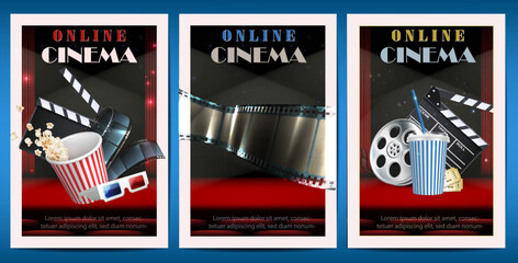 Wall Mural - 3d realistic vector banners. Movie cinema posters with popcorn, clipboard , tape and movie roll.