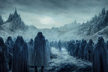 Army Of The Dead Standing In A Snowy And Icy Valley In The Winter. Ominous Blue Fantasy Wallpaper Featuring A Medieval Army Of The Undead. Cinematic Lighting, Mountains And Misty Landscape.