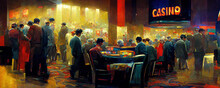 People In Casino Hall Gambling At Roulette Tables In Las Vegas. Casino Interior, With Gambling Tables, Neon Sign, Cinematic Lighting, Retro Vintage Painting Wallpaper. Painting Of Roulette Gamblers