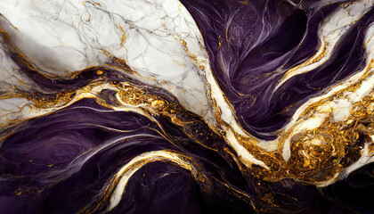 Wall Mural - Abstract luxury marble background. Digital art marbling texture. Purple, white and gold. 3d illustration