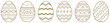 Osterei Vektor Kollektion. Gold gerahmte Eier mit verschiedenen Ornamenten auf einem weißen isolierten Hintergrund.
Sechs Ostereier in Gold Kontur.