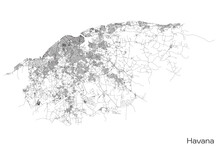 Havana City Map With Roads And Streets, Cuba. Vector Outline Illustration.