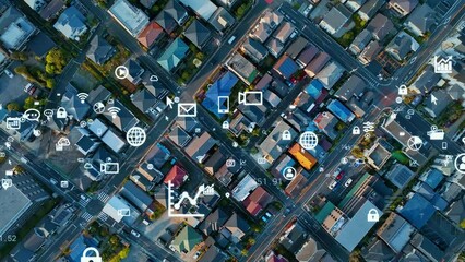 Aufkleber - Modern residential area and communication network. 5G. IoT (Internet of Things). Digital transformation.