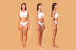 © Prostock-studio - Collage of young slim woman in underwear posing on beige studio background, female model demonstrating nice body