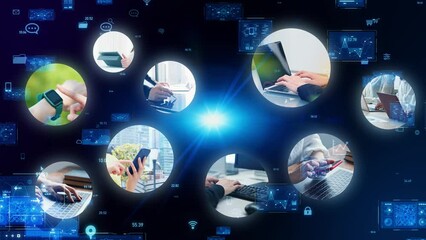 Poster - People using various mobile devices and data technology. business strategy.