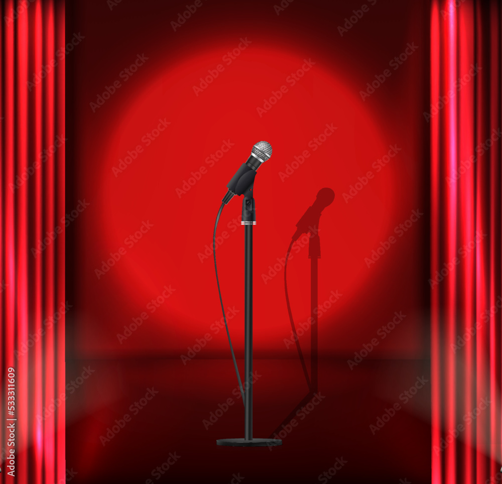 Vector realistic background. Red curtain stage with spotlight and ...